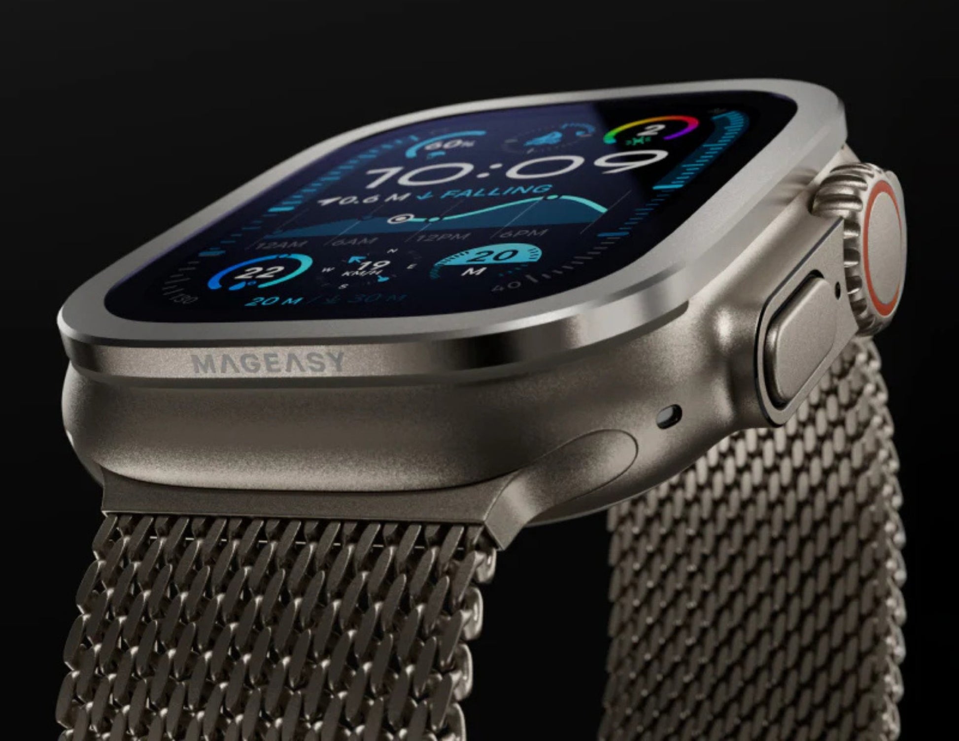 Smartwatch with a metallic band on a black background