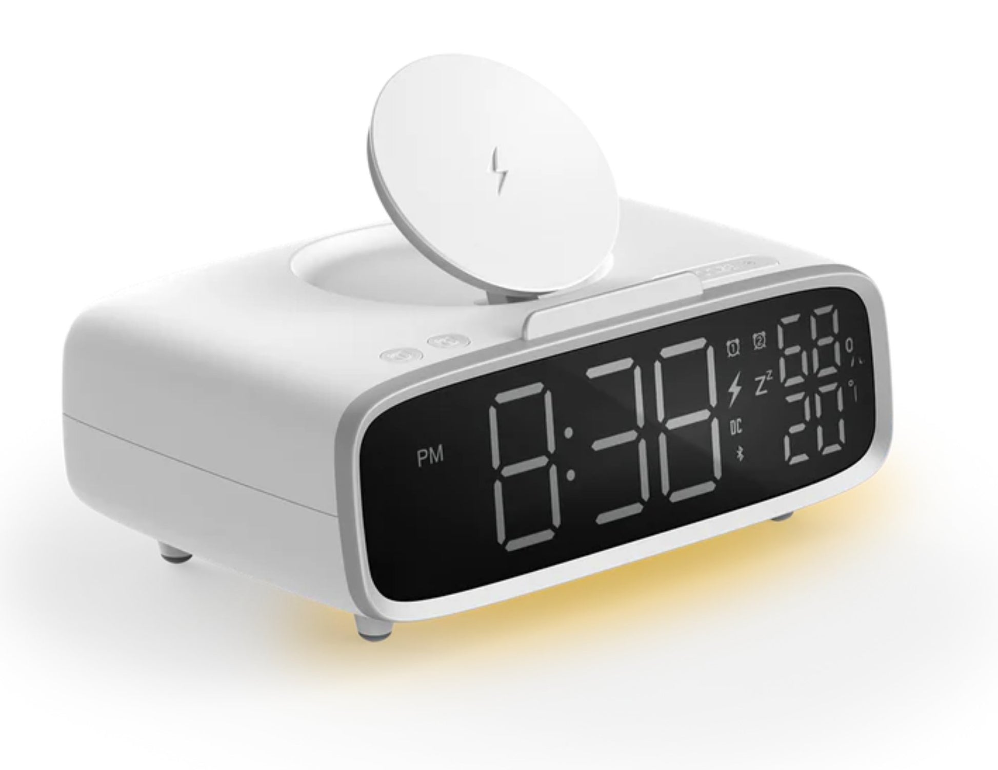 Momax Q.Clock5 Digital Alarm Clock with Wireless Charging – QC5W and temperature display on a white background