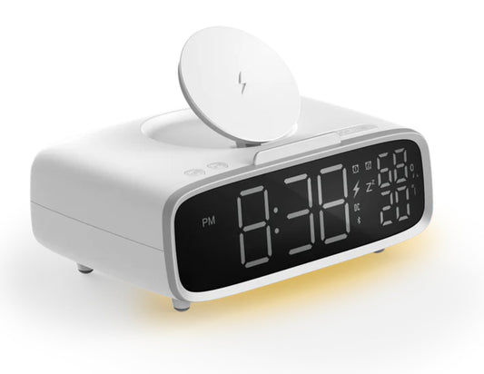 Momax Q.Clock5 Digital Alarm Clock with Wireless Charging – QC5W and temperature display on a white background