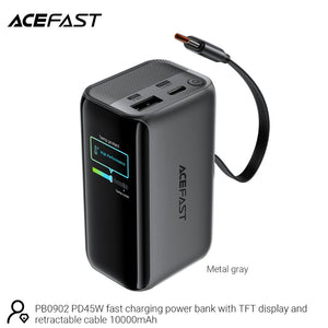 Acefast PB0902 10000mAh 45W fast power bank with retractable USB-C cable, TFT smart display, and pass-through charging