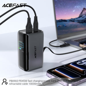 Acefast PB0902 10000mAh 45W fast power bank with retractable USB-C cable, TFT smart display, and pass-through charging