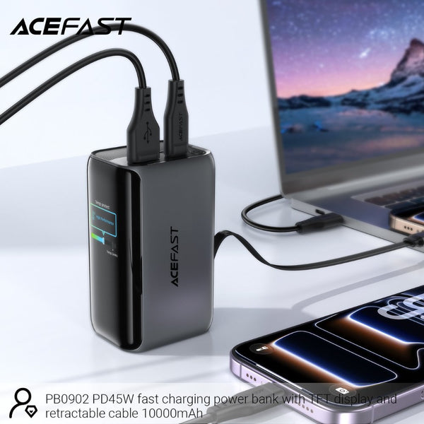 Acefast PB0902 10000mAh 45W fast power bank with retractable USB-C cable, TFT smart display, and pass-through charging