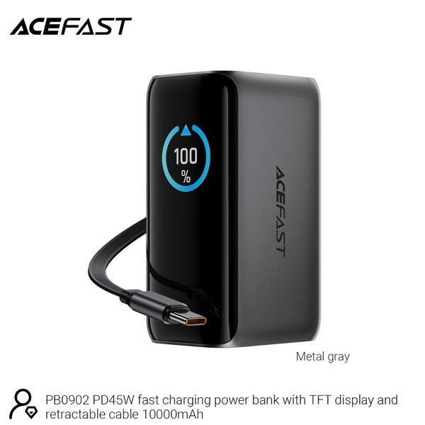 Acefast PB0902 10000mAh 45W fast power bank with retractable USB-C cable, TFT smart display, and pass-through charging