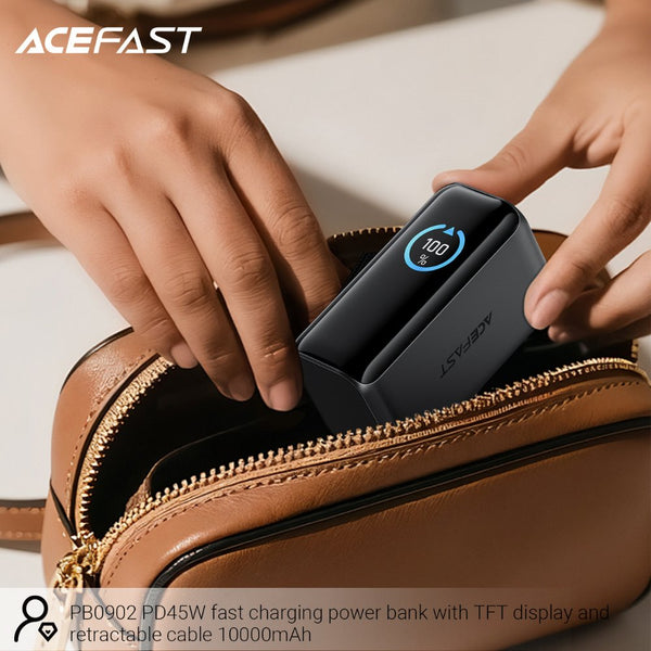 Acefast PB0902 10000mAh 45W fast power bank with retractable USB-C cable, TFT smart display, and pass-through charging