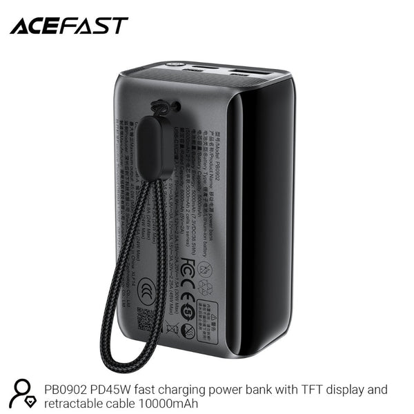 Acefast PB0902 10000mAh 45W fast power bank with retractable USB-C cable, TFT smart display, and pass-through charging