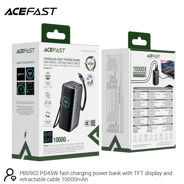 Acefast PB0902 10000mAh 45W fast power bank with retractable USB-C cable, TFT smart display, and pass-through charging