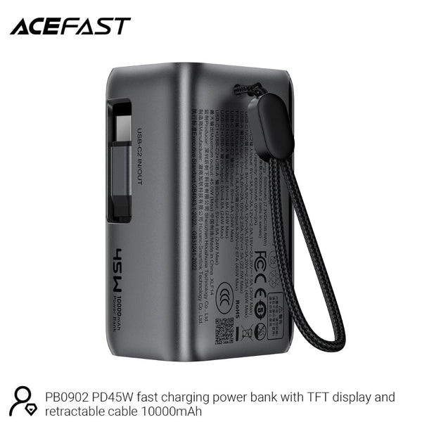 Acefast PB0902 10000mAh 45W fast power bank with retractable USB-C cable, TFT smart display, and pass-through charging