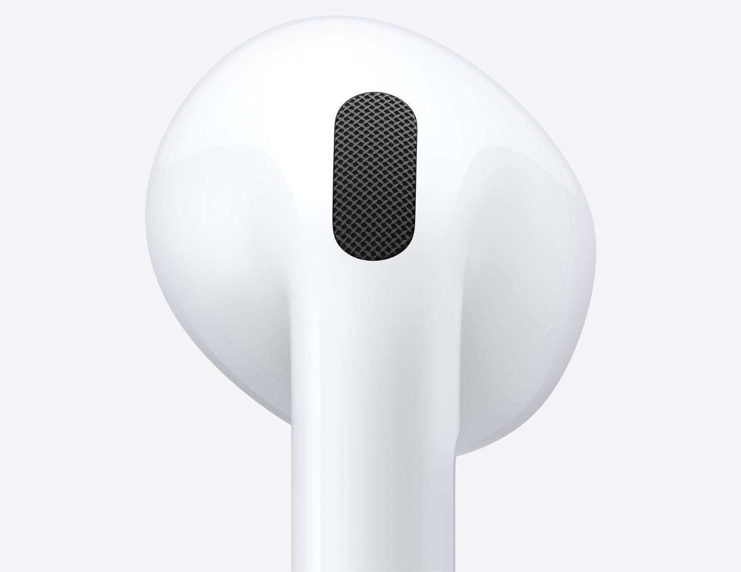 Close-up of AirPods 4 earbuds showing the redesigned fit and sleek design.