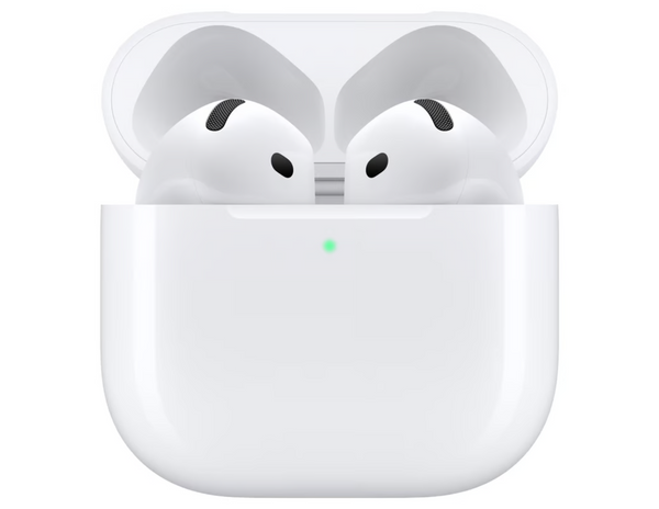 AirPods 4 earbud close-up, emphasizing touch controls and microphone placement.