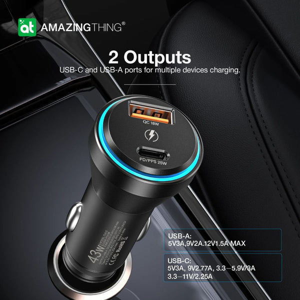 Amazingthing FlexiPower Pro 43W dual-port car fast charger with USB-C USB-A and ambient LED Qatar