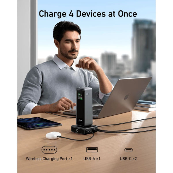 Anker 100W Charging Base A1902211 in Black with two USB-C ports, USB-A, Pogo pin and LED indicator for Anker Prime power banks Qatar