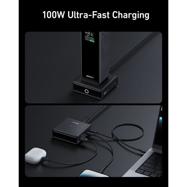 Anker 100W Charging Base A1902211 in Black with two USB-C ports, USB-A, Pogo pin and LED indicator for Anker Prime power banks Qatar