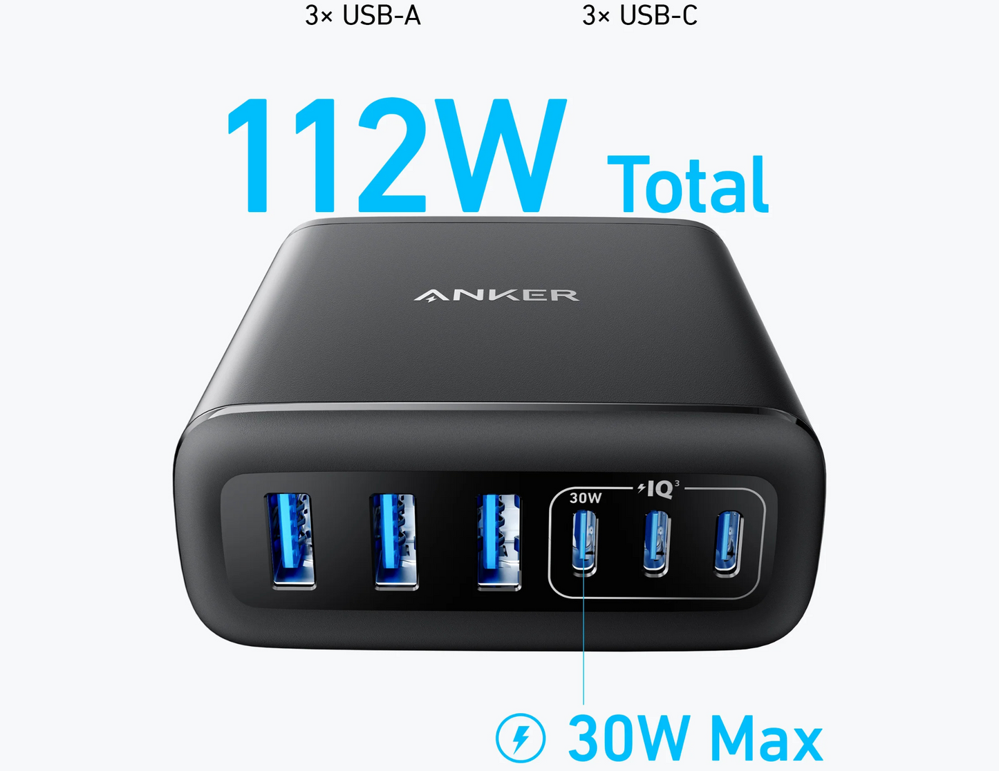 Close-up of the USB-C and USB-A ports on the Anker Charger (A2154K11)