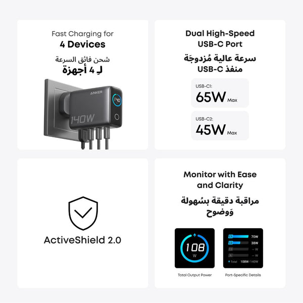 Anker 140W 4-Port PD 3.1 GaN charger B2697KZ1 with smart display and USB-C cable Dark Grey Qatar