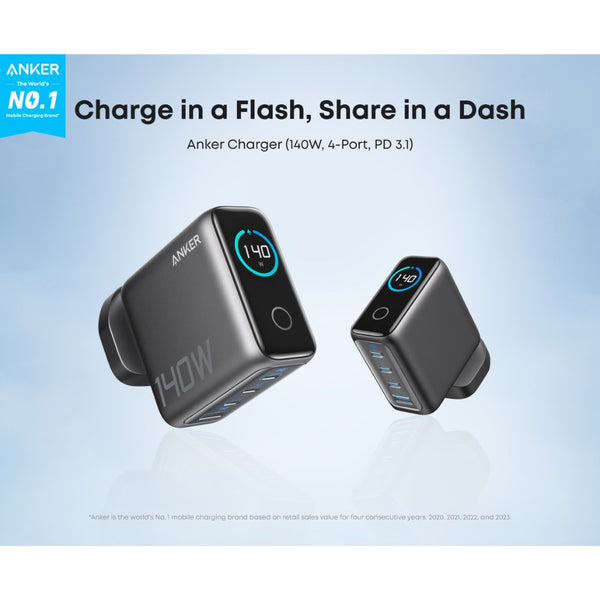 Anker 140W 4-Port PD 3.1 GaN charger B2697KZ1 with smart display and USB-C cable Dark Grey Qatar