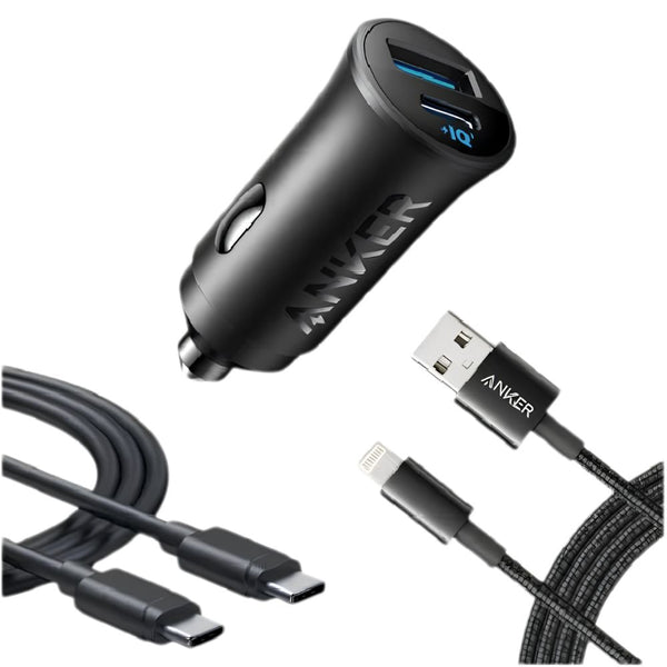 Anker 30W car charger B2741H11 in Black with USB-C and USB-A ports and two charging cables Qatar