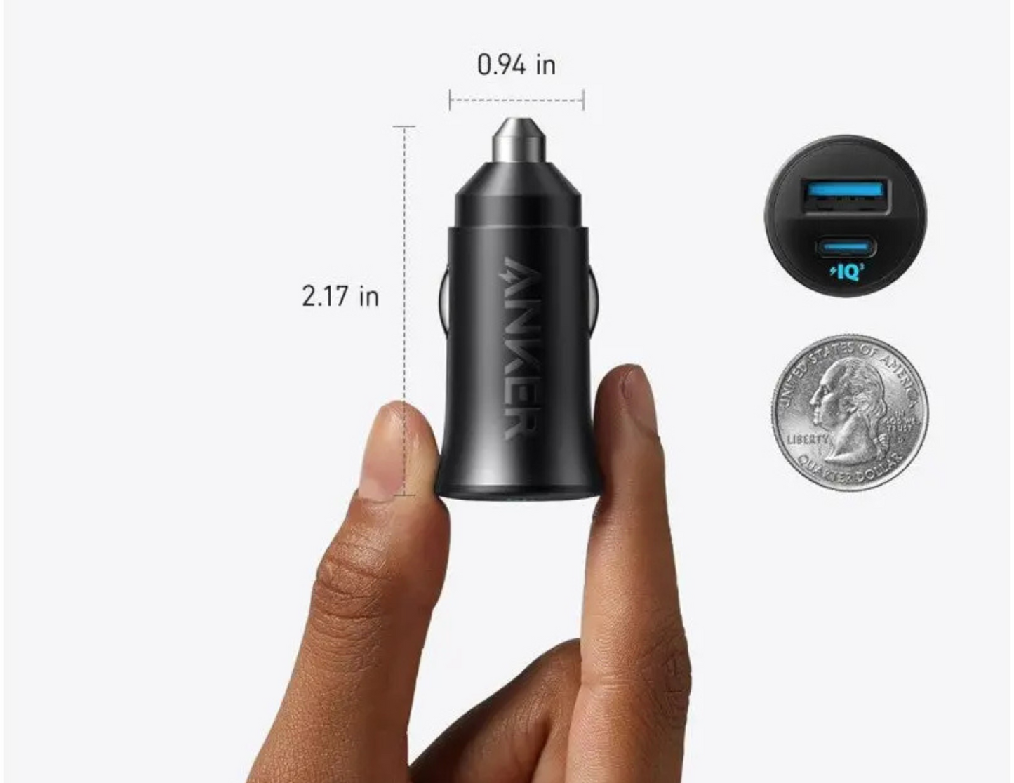 Compact design of the Anker 30W Car Charger A2741H11