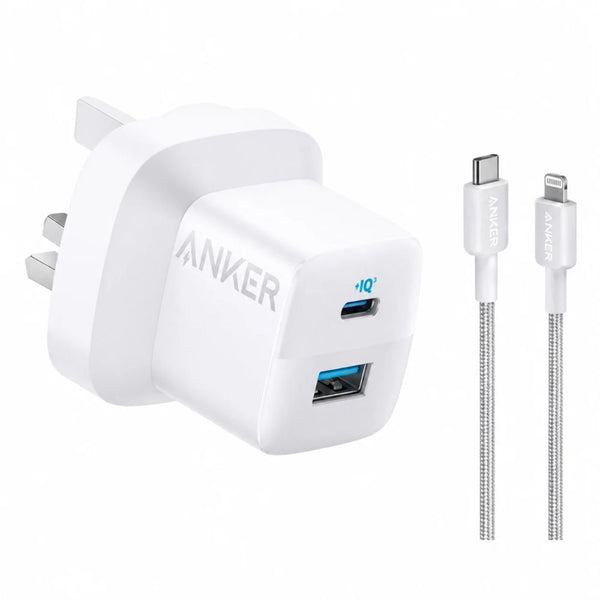 Anker 323 33W dual-port charger with Anker 310 USB-C to Lightning cable 3ft in white for Apple devices in Qatar