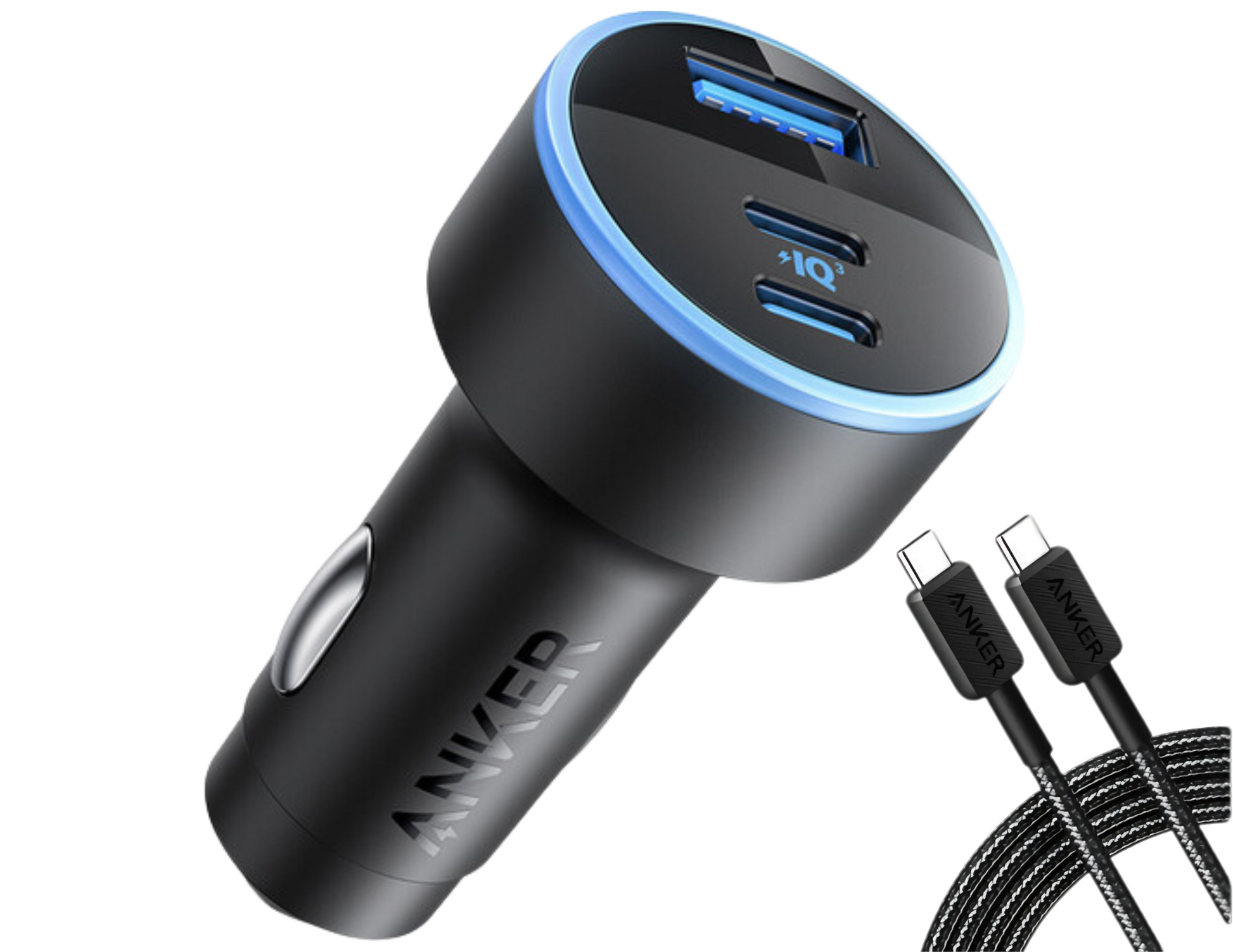 Anker 335 Car Charger B2736H11 with included USB-C cable and 3 ports.