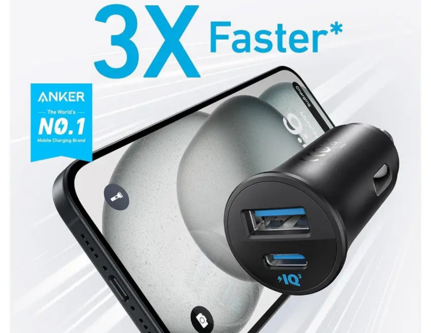 Top view of Anker Dual-Port Car Charger A2741H11 showing the ports with a device 