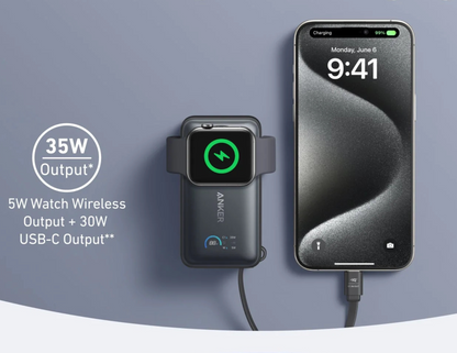 Anker MagGo Power Bank charging an iPhone and Apple Watch simultaneously.