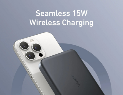 Anker MagGo Power Bank A1664H11 wirelessly charging an iPhone.