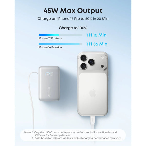 Anker Nano 10000mAh 45W power bank with retractable USB-C cable and smart display Aurora White Qatar
