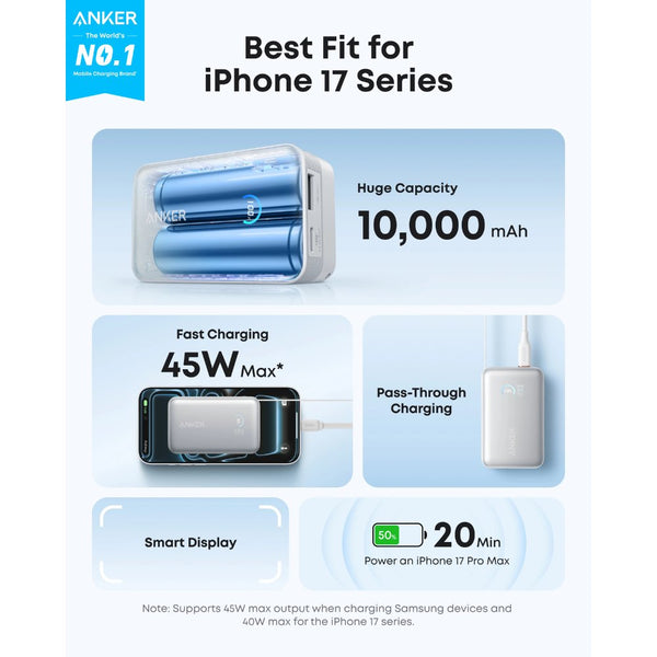 Anker Nano 10000mAh 45W power bank with retractable USB-C cable and smart display Aurora White Qatar