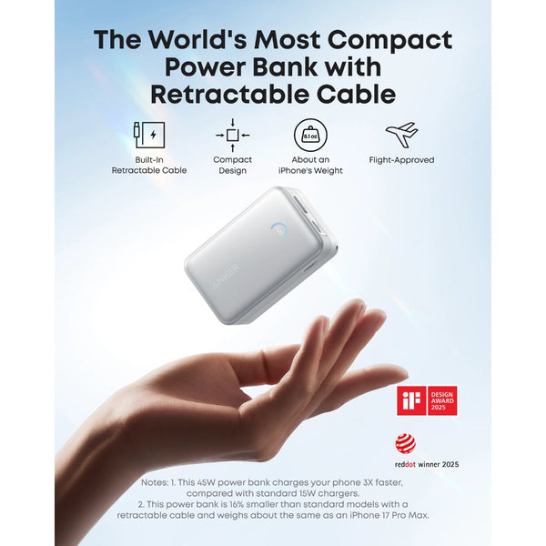 Anker Nano 10000mAh 45W power bank with retractable USB-C cable and smart display Aurora White Qatar