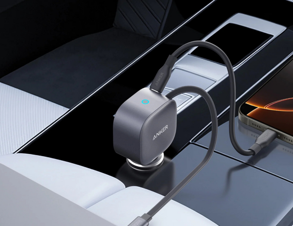 Anker Nano 75W Car Charger A2738HA1 charging a laptop and tablet simultaneously with its dual-device ports.