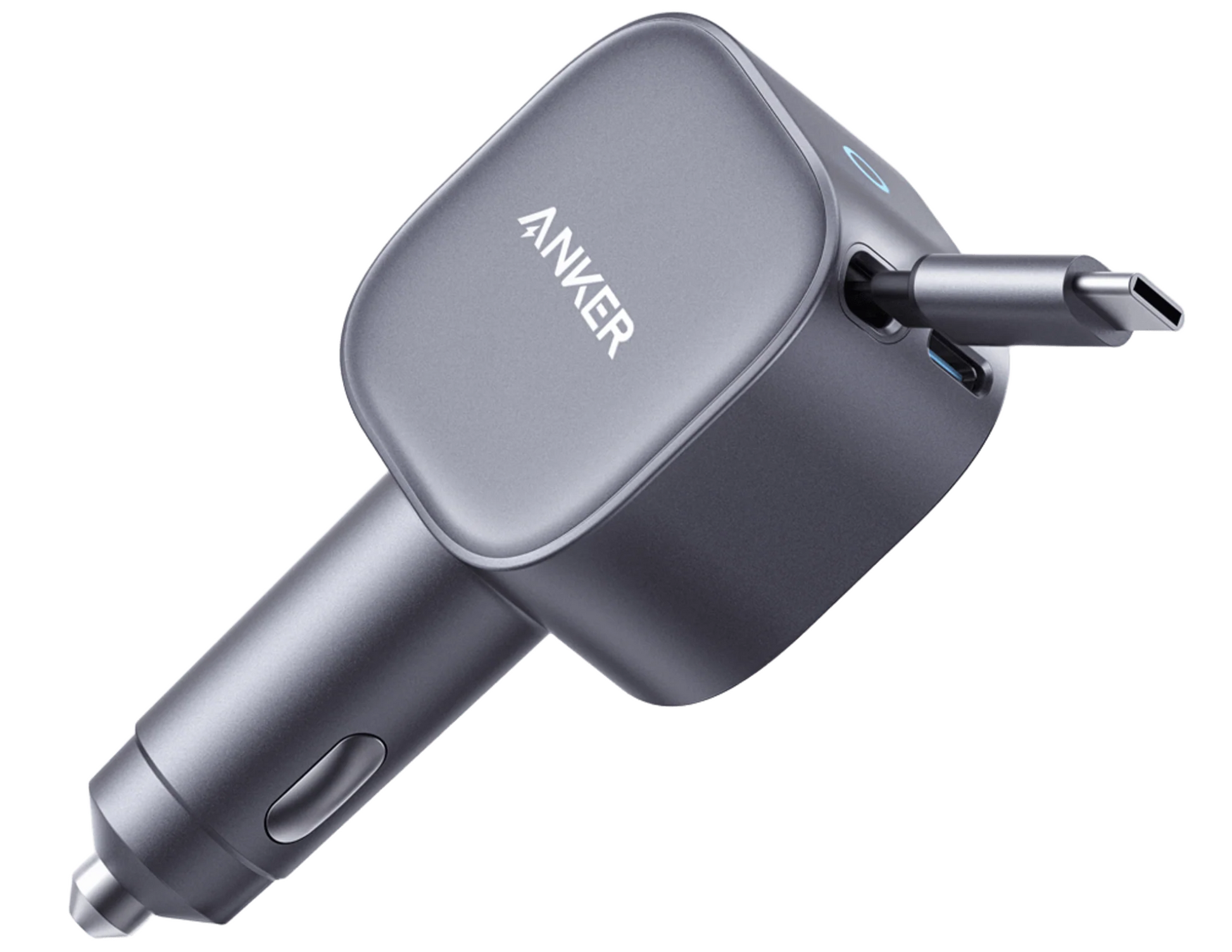 Front view of the Anker Nano 75W Car Charger A2738HA1 showing its compact design and retractable cable.