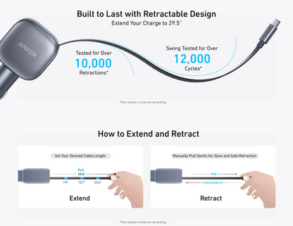 Close-up of the Anker Nano 75W Car Charger A2738HA1’s retractable USB-C cable in extended position.