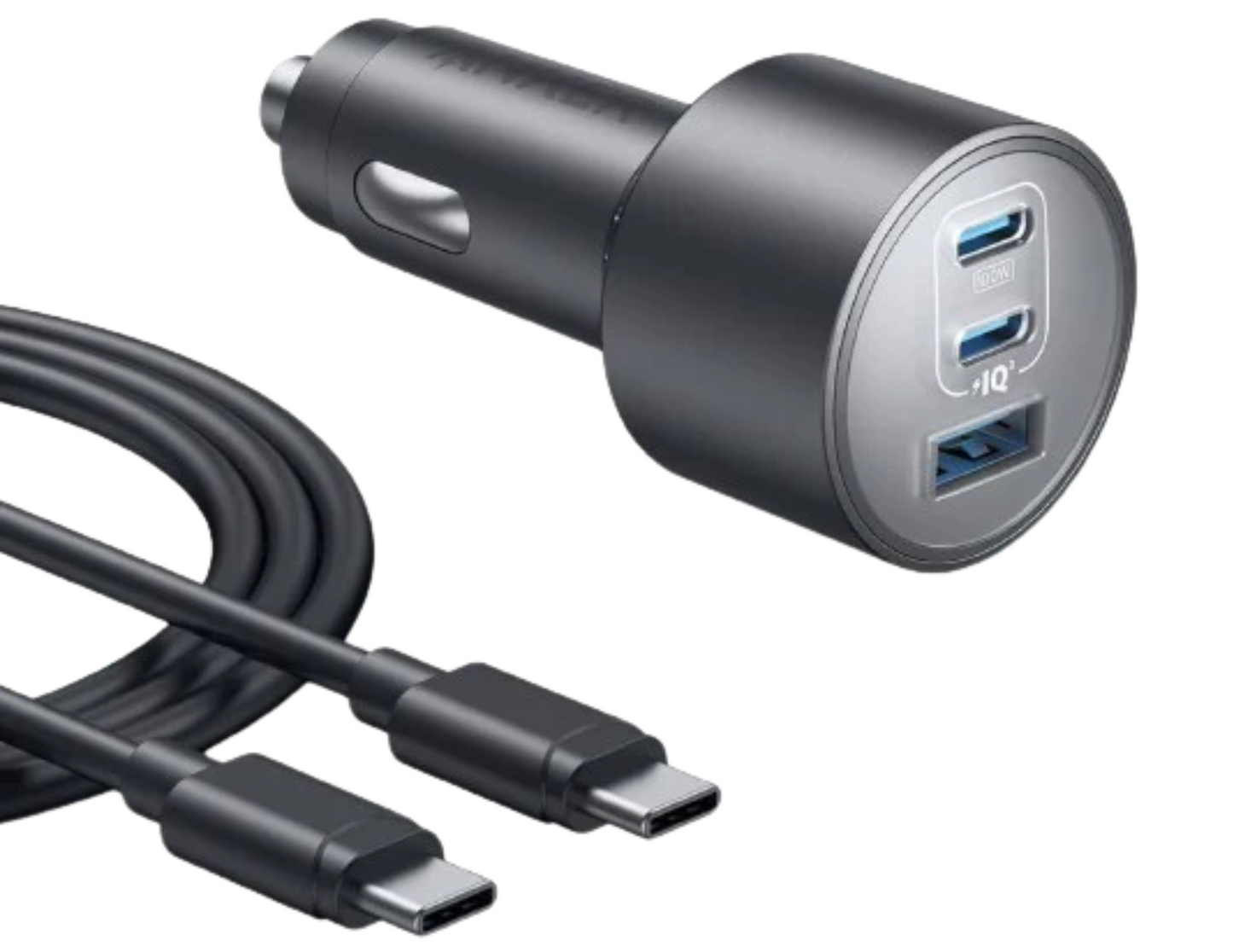 Close-up of Anker Nano Car Charger B2737HA1 showing 3 charging ports With Cable .