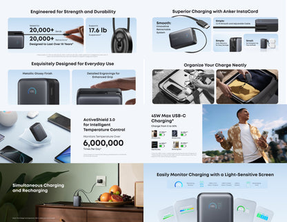 Anker Nano Power Bank A1638H11, 10,000mAh 45W fast charging, black, with built-in retractable USB-C, smart display, compact flight-ready design at Thabthaba Store Qatar