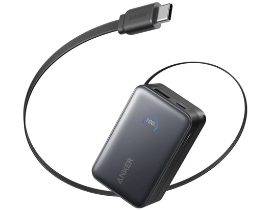 Anker Nano Power Bank A1638H11, 10,000mAh 45W fast charging, black, with built-in retractable USB-C, smart display, compact flight-ready design at Thabthaba Store Qatar