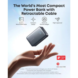 Anker Nano Power Bank A1638H11, 10,000mAh 45W fast charging, black, with built-in retractable USB-C, smart display, compact flight-ready design at Thabthaba Store Qatar