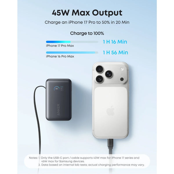 Anker Nano Power Bank A1638H11, 10,000mAh 45W fast charging, black, with built-in retractable USB-C, smart display, compact flight-ready design at Thabthaba Store Qatar