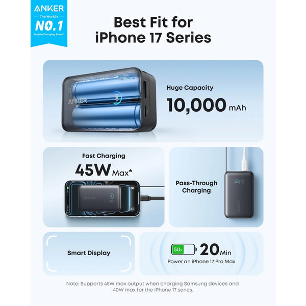Anker Nano Power Bank A1638H11, 10,000mAh 45W fast charging, black, with built-in retractable USB-C, smart display, compact flight-ready design at Thabthaba Store Qatar