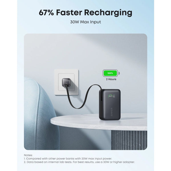 Anker Nano Power Bank A1638H11, 10,000mAh 45W fast charging, black, with built-in retractable USB-C, smart display, compact flight-ready design at Thabthaba Store Qatar