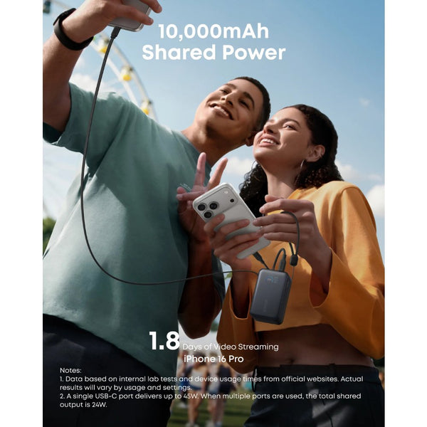 Anker Nano Power Bank A1638H11, 10,000mAh 45W fast charging, black, with built-in retractable USB-C, smart display, compact flight-ready design at Thabthaba Store Qatar
