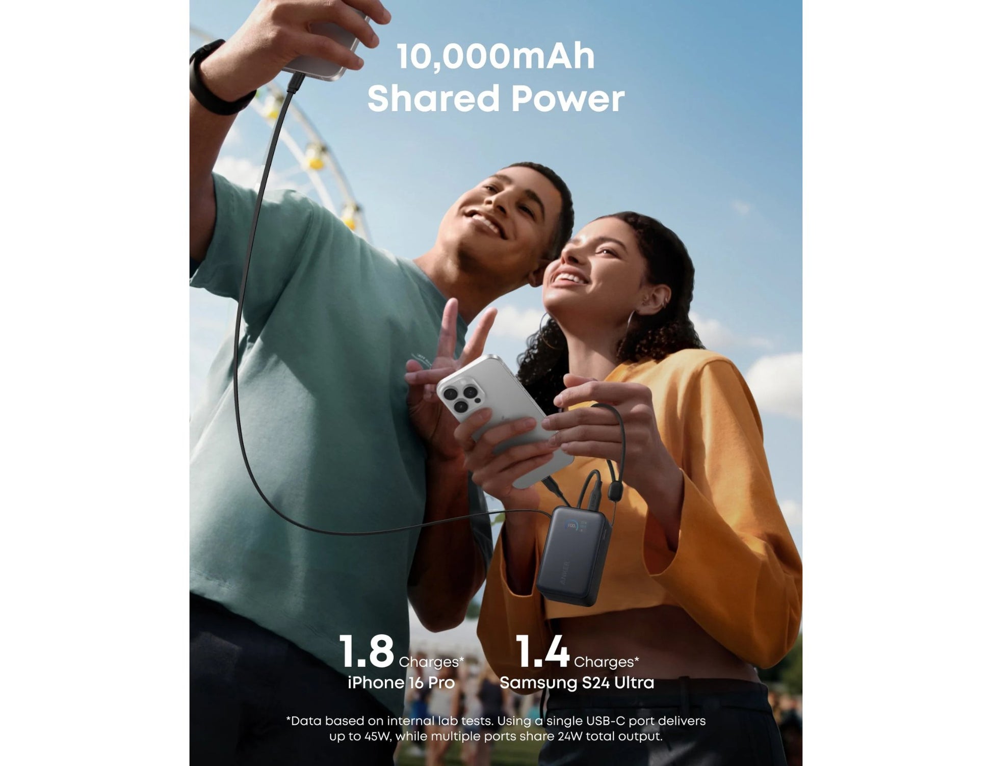 Anker Nano Power Bank A1638H11, 10,000mAh 45W fast charging, black, with built-in retractable USB-C, smart display, compact flight-ready design at Thabthaba Store Qatar