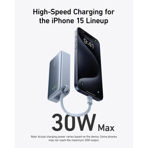 Anker Nano Power Bank 30W Ice Lake Blue A1259H31 with built‑in USB‑C cable available in Qatar