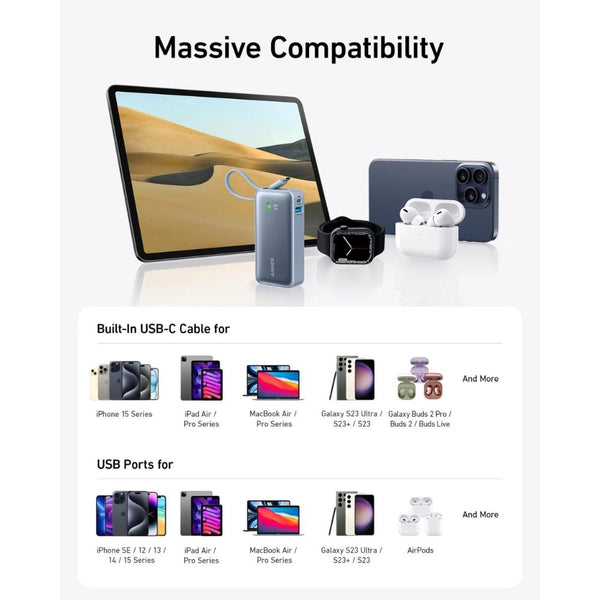 Anker Nano Power Bank 30W Ice Lake Blue A1259H31 with built‑in USB‑C cable available in Qatar