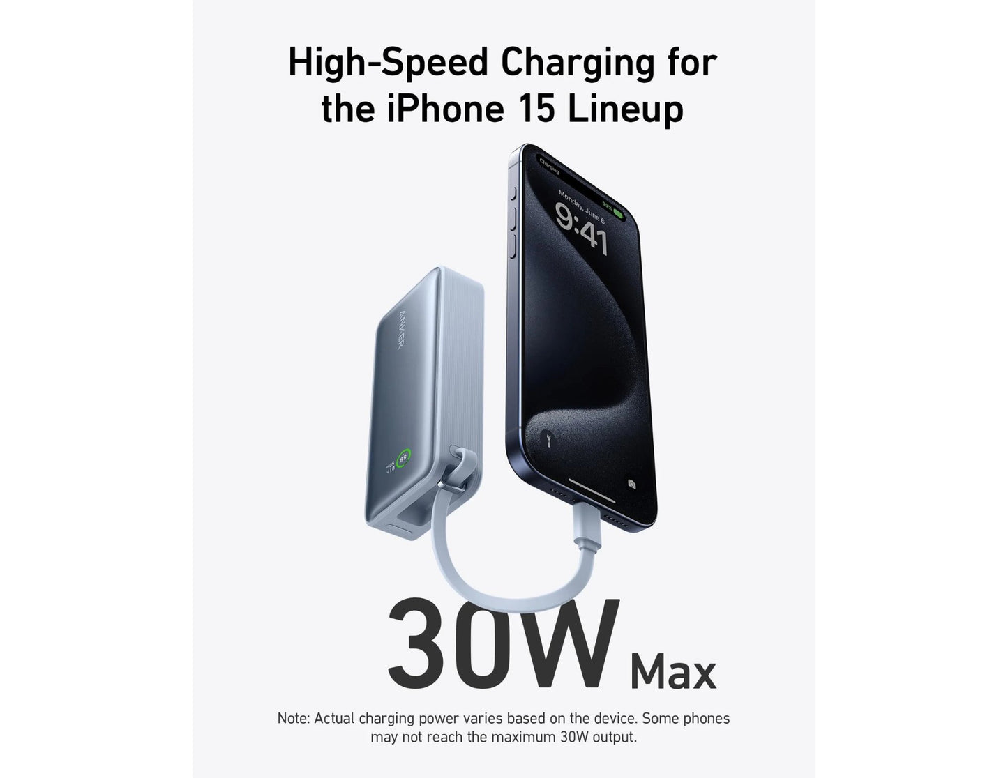 Anker Nano Power Bank 30W Ice Lake Blue A1259H31 with built‑in USB‑C cable available in Qatar