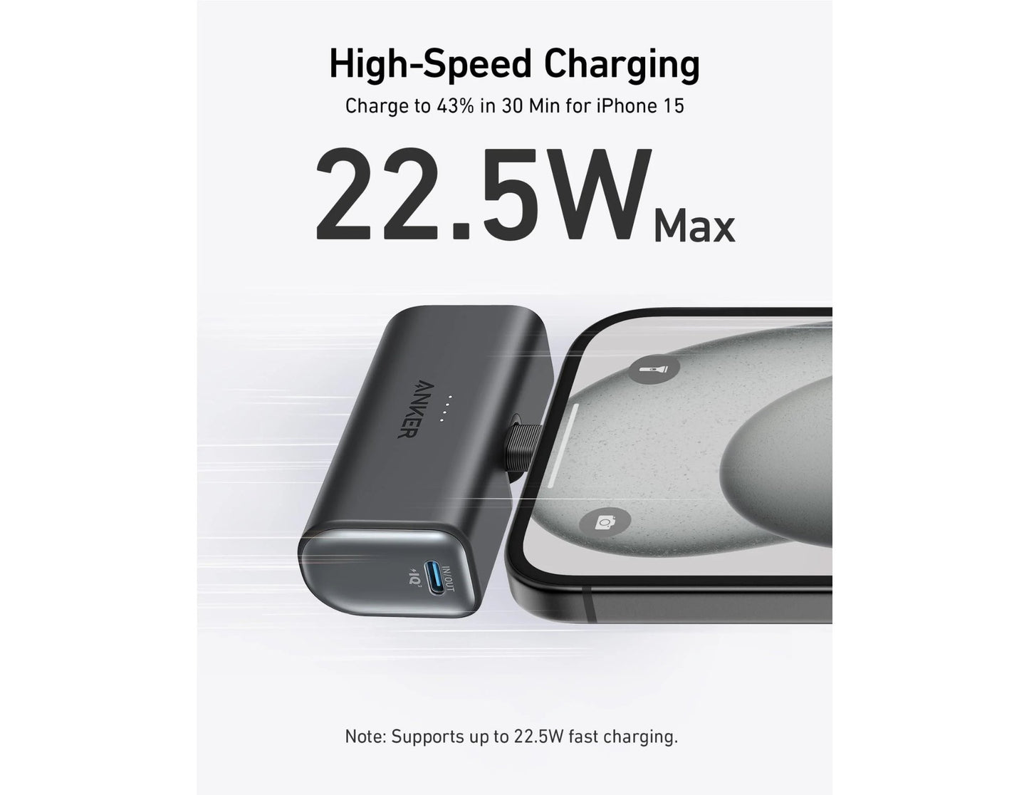 Anker Nano Power Bank 5000mAh 22.5W with built-in USB-C connector black stone.
