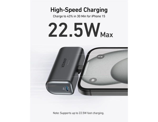Anker Nano Power Bank 5000mAh 22.5W with built-in USB-C connector black stone.