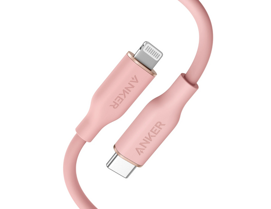 Anker PowerLine III Flow USB-C to Lightning Cable (3ft, Pink) neatly coiled with silicone strap.