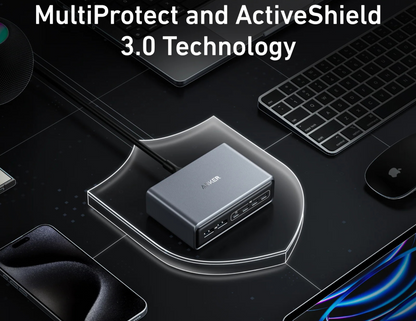 ActiveShield 3.0 logo with a graphic representation of the charger’s safety features.