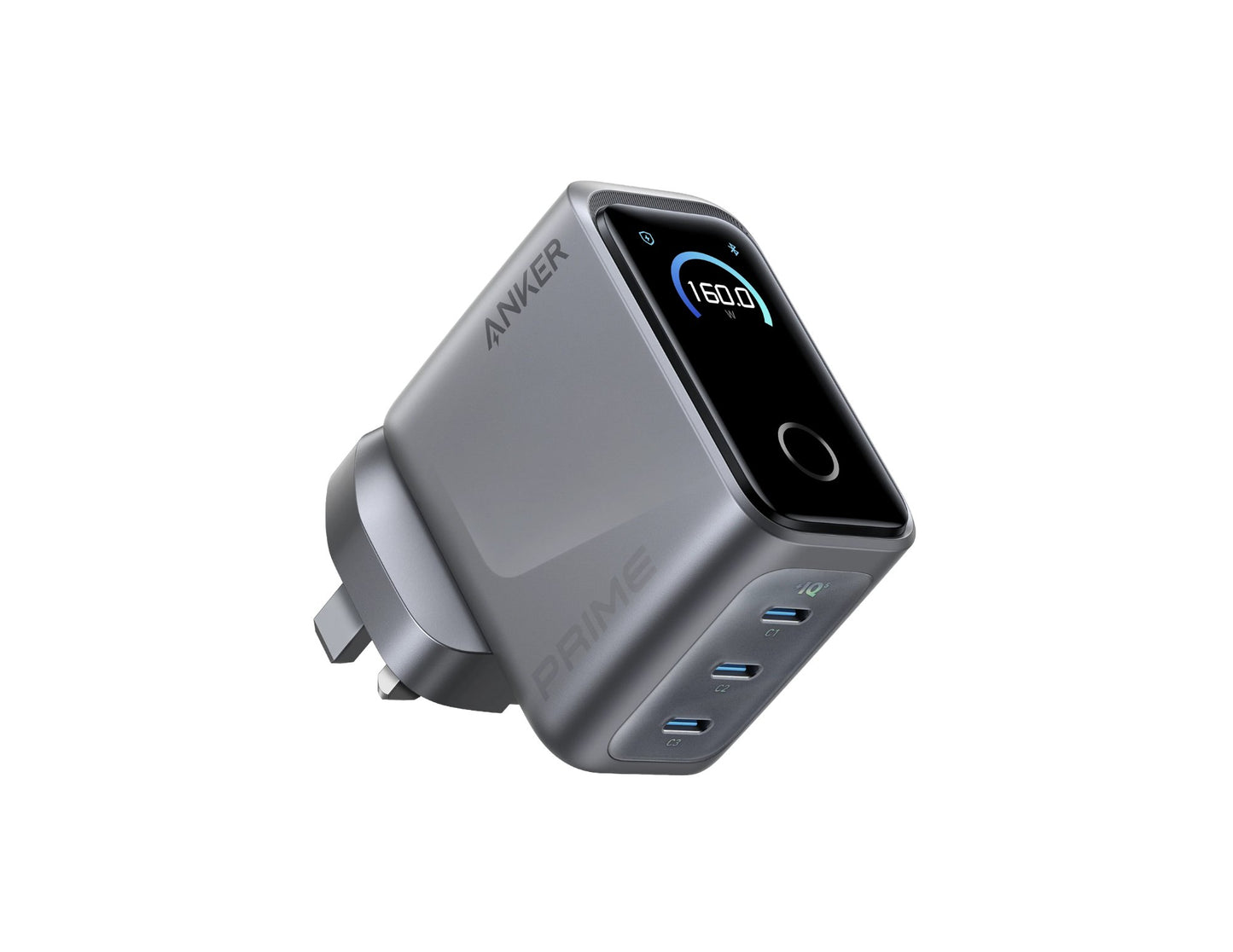 Anker Prime Charger 160W 3-port smart display USB-C GaN charger.