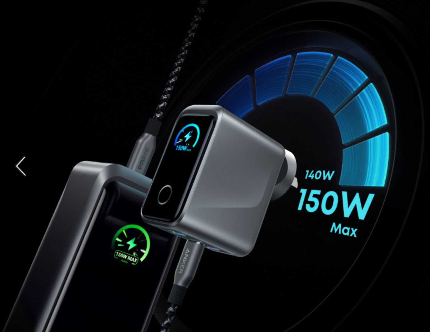 Anker Prime Charger 160W 3-port smart display USB-C GaN charger.